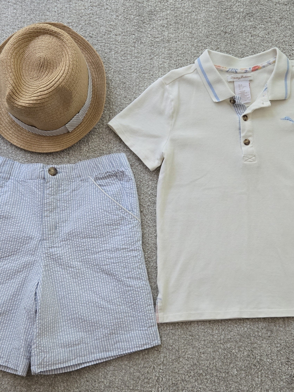 Boys Tommy Bahama Cream Polo with Pinstripe Shorts And Fedora Hat